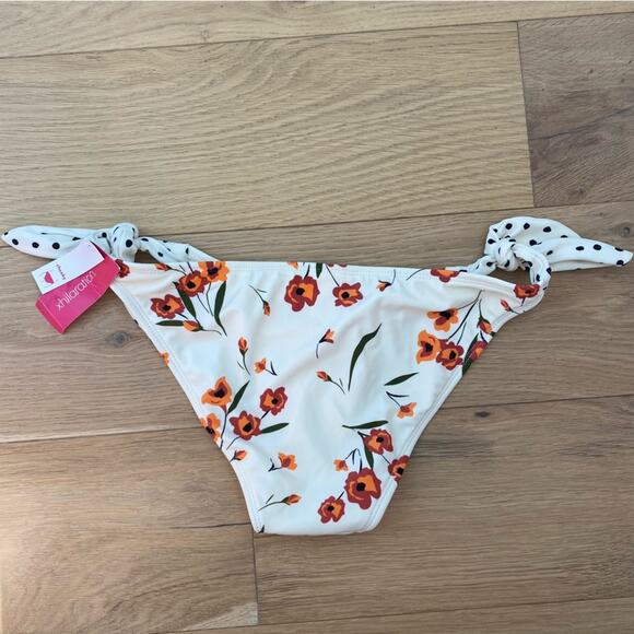 Xhilaration Cream Floral Polka Dot Side Tie Classic Bikini Bottom NEW - Picture 2 of 6
